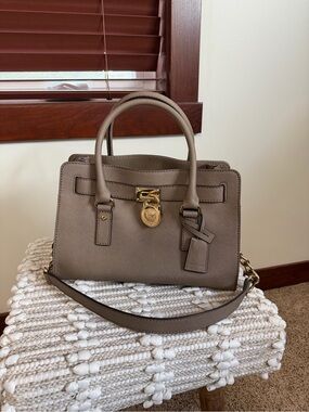 Michael Kors Taupe Saffiano Leather Satchel with Gold Hardware